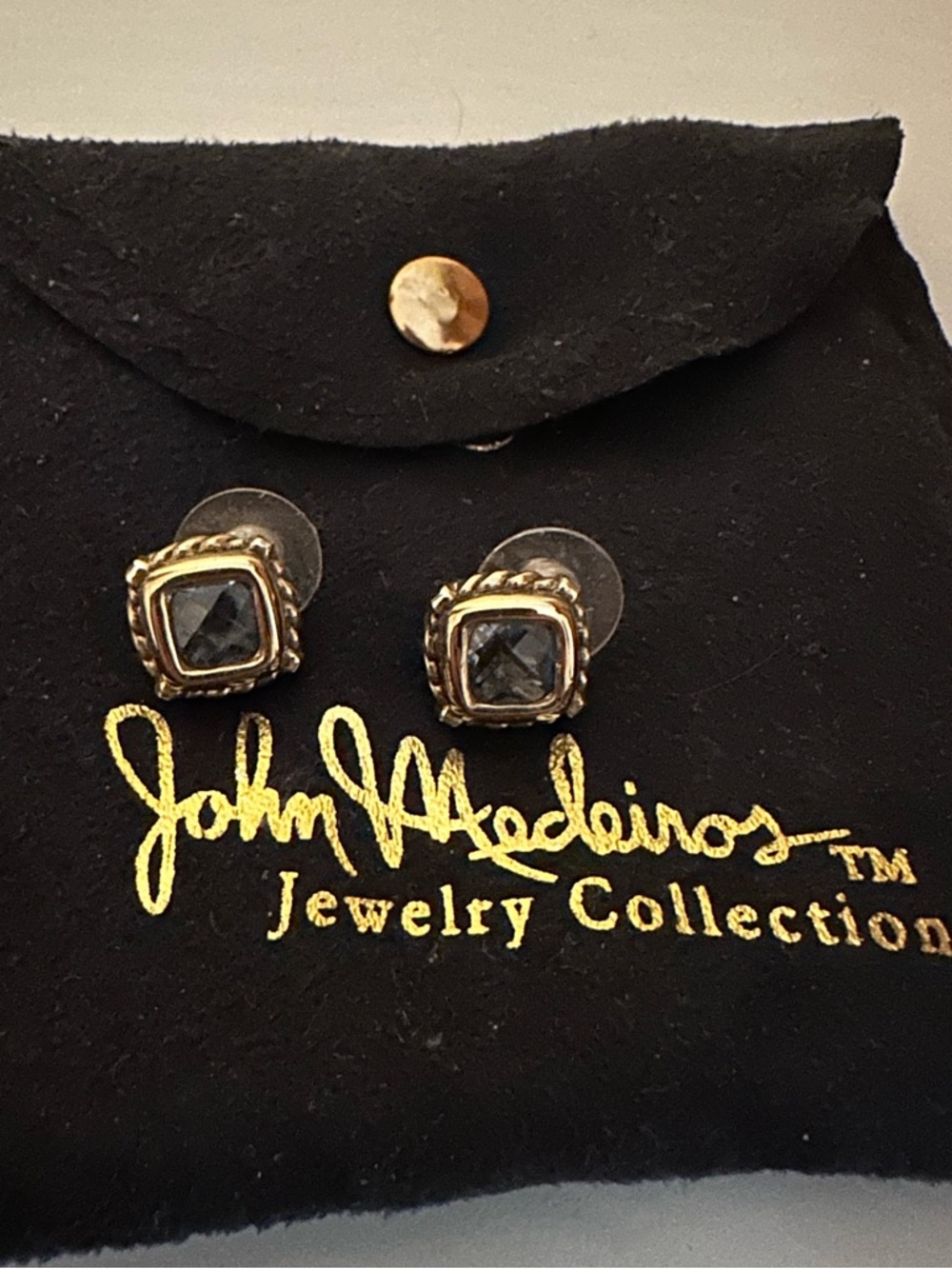 John Medeiros Two-Tone Square Blue Stone Stud Earrings